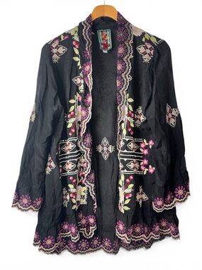 Johnny Was Women's Lena Embroidered Scallop-Edge Tie-Front Jacket Size XS Boho